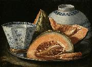Cristoforo Munari A Still-Life with Melon, an octagonal blue and white cup on a Silver Charger oil painting artist